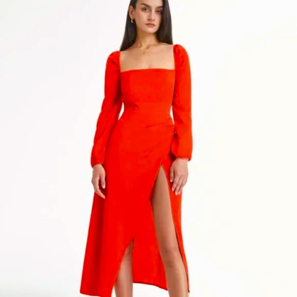 Commense Square Neck Long Sleeve Fitted Bodice Wrap Dress